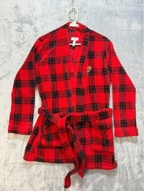 PINK Victoria Secret Womens Plush Fleece Robe Buffalo Plaid Red Black Size XS/S